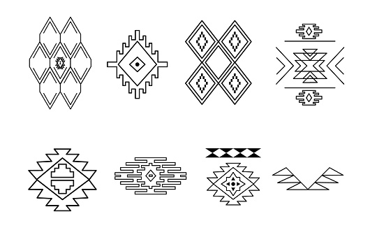 Decor elements of ethnic Indian tribe in outline style. Vector monochrome Navajo signs and patterns. Set of graphic geometric shapes of Aztecs isolated on white background