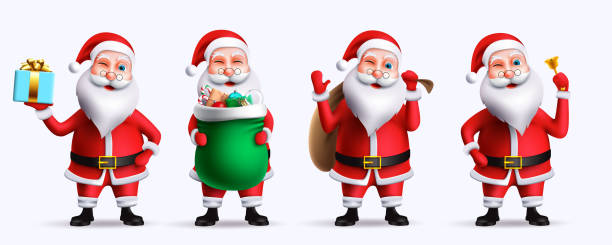 istock Santa christmas character vector set. Santa claus 3d characters standing and holding gifts, bag and bell elements for xmas friendly collection design. 1411350944