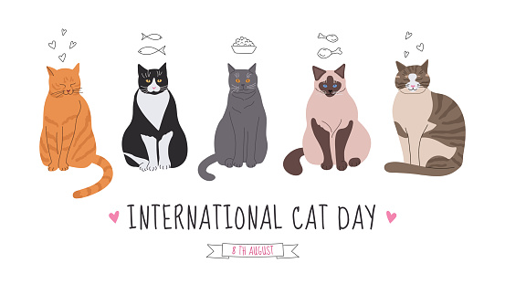 Vector banner, greeting card with the International Day of Cats. Illustration with cute happy cats in cartoon style.