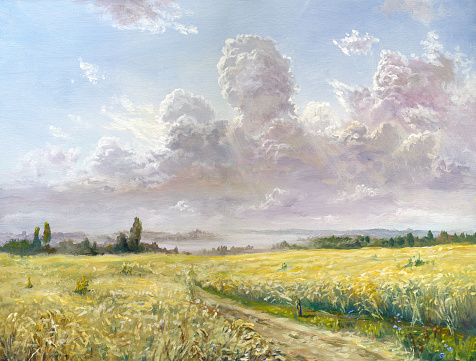 wheat field on a hot afternoon, painting in the style of impressionism