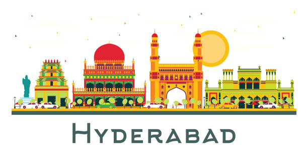 ilustrações, clipart, desenhos animados e ícones de hyderabad india city skyline com edifícios coloridos e céu azul isolado em branco. - hyderabad