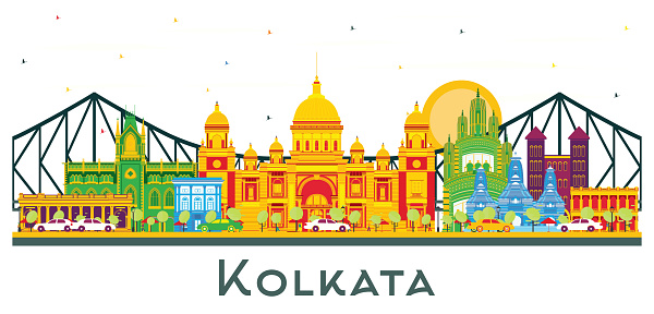 Kolkata India City Skyline with Color Buildings and Blue Sky Isolated on White. Vector Illustration. Business Travel and Tourism Concept with Historic Buildings. Kolkata Cityscape with landmarks.