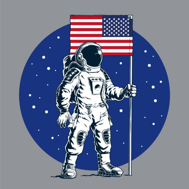 astronaut mit amerikanischer flagge, der auf einem anderen planeten steht. die flagge auf dem mond hissen. vektorillustration. - weltraumforschung stock-grafiken, -clipart, -cartoons und -symbole