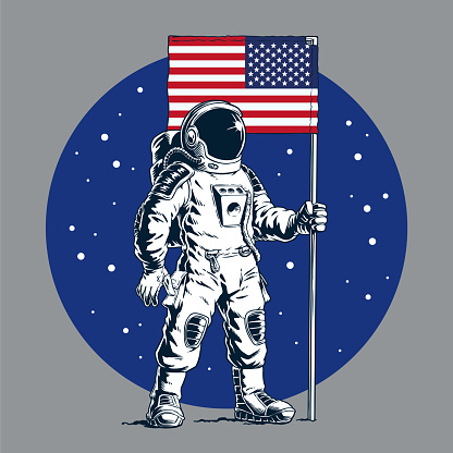 Astronaut with american flag standing on another planet. Raising the flag on the Moon. Comic book style vector illustration.