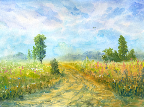 Summer landscape in watercolor painting