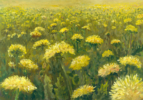 field of yellow dandelions, impressionism painting