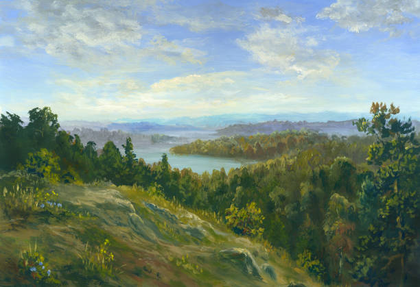 River valley oil painting Summer oil painting landscape, impressionism pictures of valleys stock illustrations