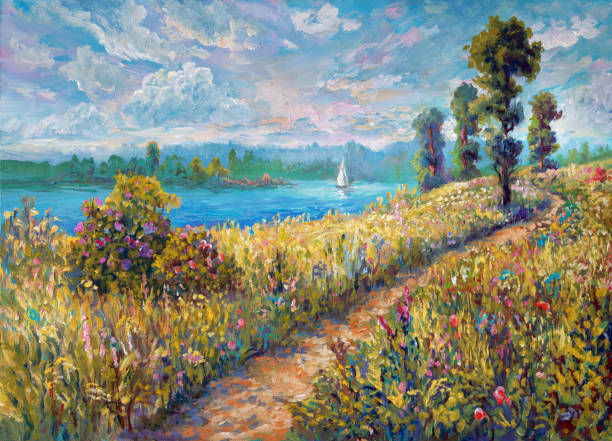 ilustrações de stock, clip art, desenhos animados e ícones de summer landscape of south europe, oil painting - vista do mar