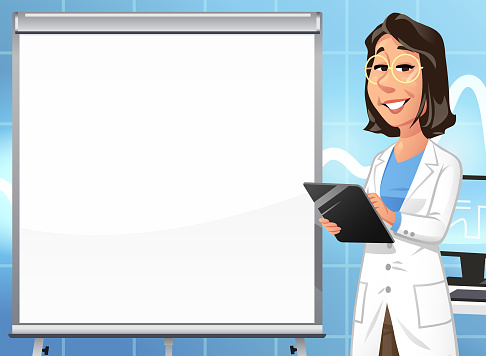 A female scientist or doctor with a digital tablet giving a presentation on a blank white flipchart. Vector illustration with space for text.