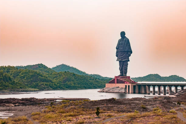statue of unity the world tallest statue with bright dramatic sky at day from different angle image is taken at vadodra gujrat india on July 10 2022. It was designed by Indian sculptor Ram V. Sutar and was inaugurated on 31 October 2018