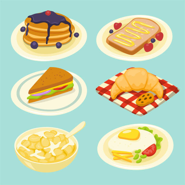 zestaw śniadaniowy w stylu piekarniczo-deserowym - waffle breakfast syrup plate stock illustrations