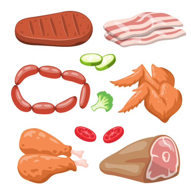 식사 요리를위한 동물의 성분 세트 - pork chop illustrations stock illustrations