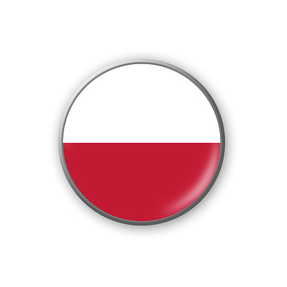 Poland flag. Round badge in the colors of the Poland flag. Isolated on white background. Design element. 3D illustration. Signs and symbols.