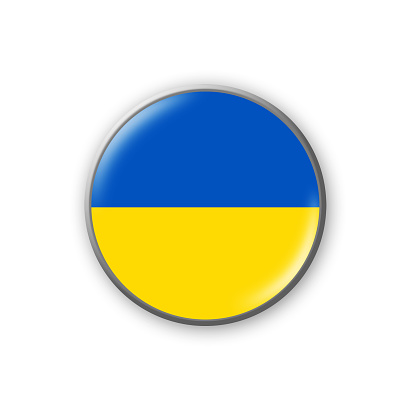 Ukraine flag. Round badge in the colors of the Ukraine flag. Isolated on white background. Design element. 3D illustration. Signs and symbols.