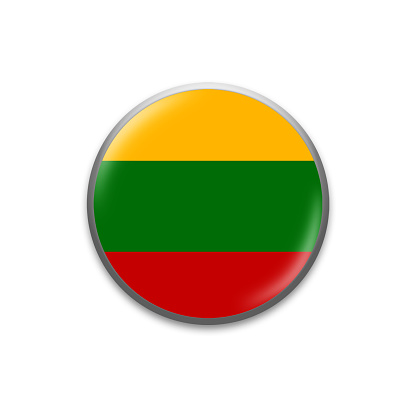 Lithuania flag. Round badge in the colors of the Lithuania flag. Isolated on white background. Design element. 3D illustration. Signs and symbols.