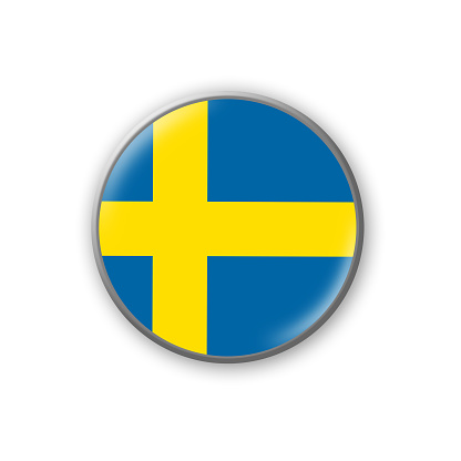 Sweden flag. Round badge in the colors of the Sweden flag. Isolated on white background. Design element. 3D illustration. Signs and symbols.