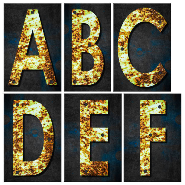istock Set, letters A, B, C, D, E, F. Alphabet from letters, from rusty iron, on a wooden plank. Isolated on white background. Education. Design 1411361145