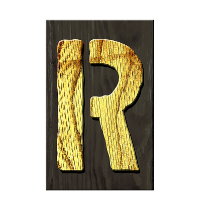 Letter R. Alphabet made of letters, made of wood, on a dark wooden plank. Isolated on white background. Education. Design element.