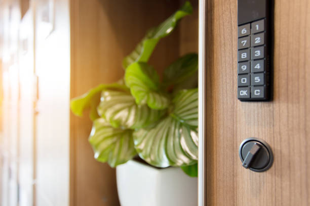 combination lock and wooden locker - locker combination lock lock modern art imagens e fotografias de stock