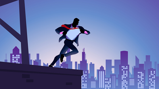 A silhouette style vector illustration of a male change costume into superhero while running and about to jump out from a rooftop. Wide space available for your copy.