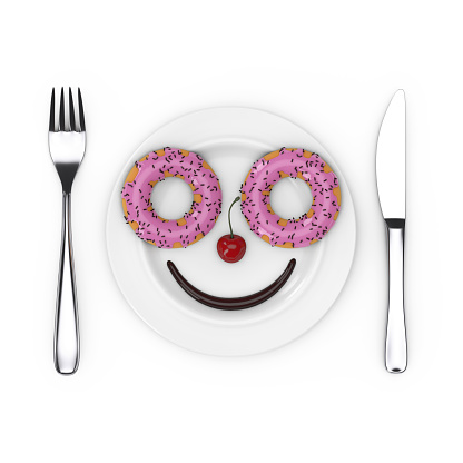 Fork and Knife near Plate with Two Big Pink Chocolate Glazed Donut with Chocolate Sprinkles, Red Cherry and Chocolate Smile, in Shape of Cartoon Face, Top View on a white background. 3d Rendering