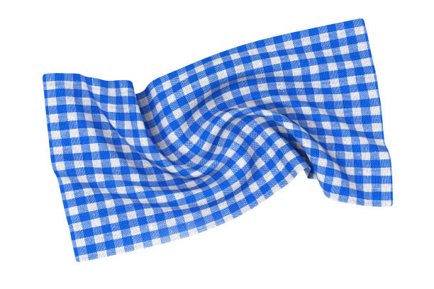 Crumpled Twisted Spiral Swirl Blue Checkered Tablecloth Texture Fabric on a white background. 3d Rendering