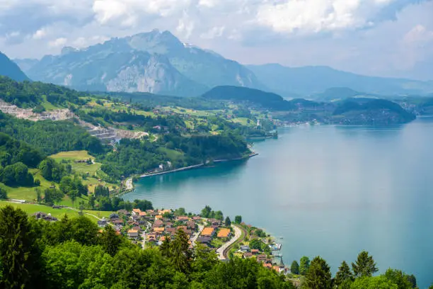Beautiful view on alpine lake Thun in Switzerland