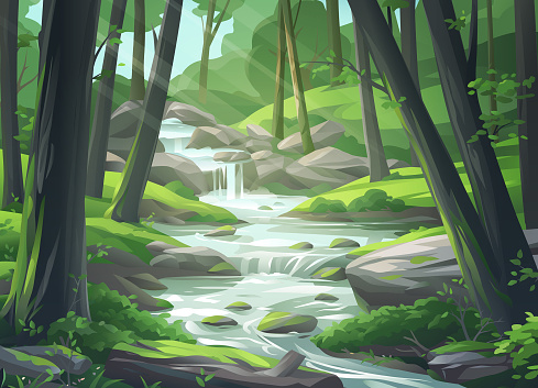 Vector illustration of a stream running downwards through an idyllic forest.