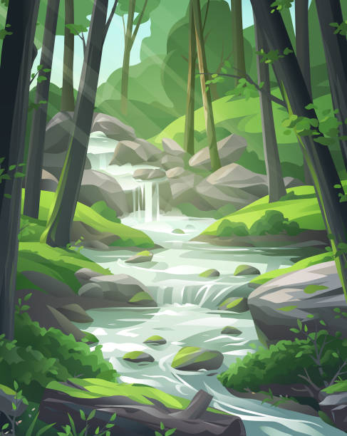 illustrazioni stock, clip art, cartoni animati e icone di tendenza di idilliaca foresta flusso - flowing water river spring water