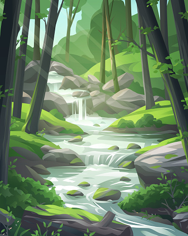 Vector illustration of a stream running downwards through an idyllic forest.