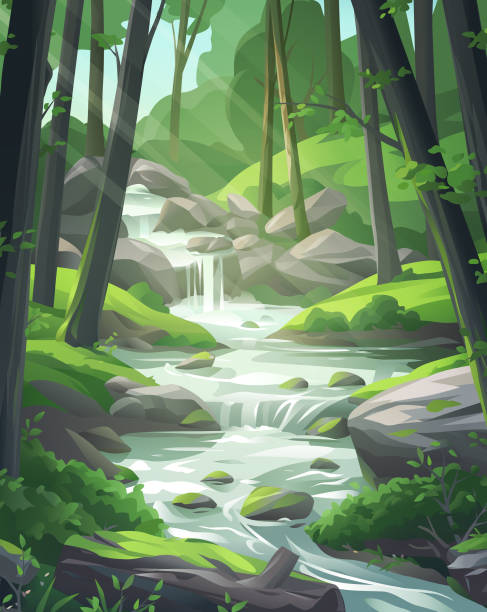 Idyllic Forest Stream Vector illustration of a stream running downwards through an idyllic forest. backgrounds environment vertical outdoors stock illustrations