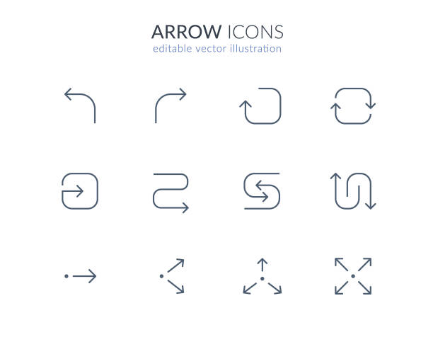 set of arrow icons: bent, reset, move, share, sync, extend arrows simple thin line arrow ui. editable stroke vector illustration s shape stock illustrations