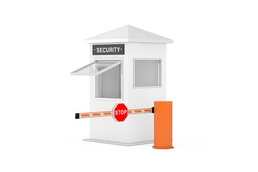 Road Car Barrier and Security Zone Booth with Security Sign on a white background. 3d Rendering