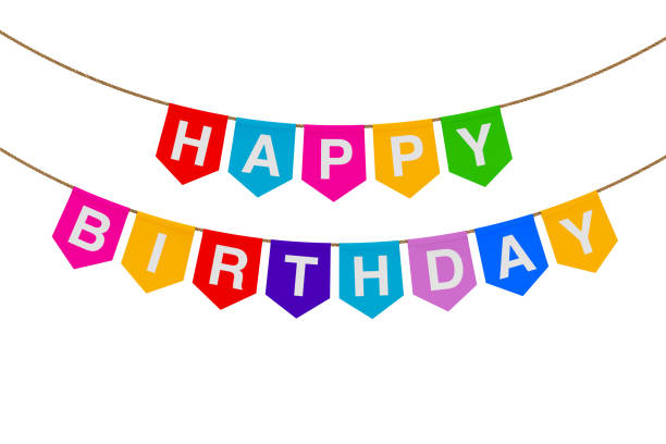 Hangigng Multicolor Party Flags Banner with Happy Birthday Sign. 3d Rendering stock photo