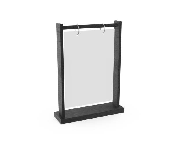istock Metal ring flip menu holder T-shape A4 acrylic table menu stand mockup, 3d render illustration 1411367017