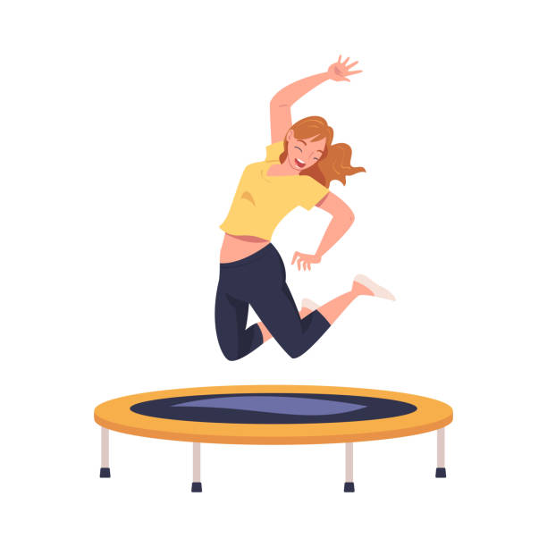 istock Excited Woman Character Jumping and Bouncing on Trampoline Engaged in Recreational Activity Vector Illustration 1411368224