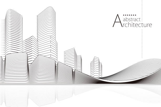 3D illustration Abstract Architecture landscape Line Drawing. - ilustração de arte vetorial