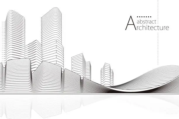 Vector illustration of 3D illustration Abstract Architecture landscape Line Drawing.