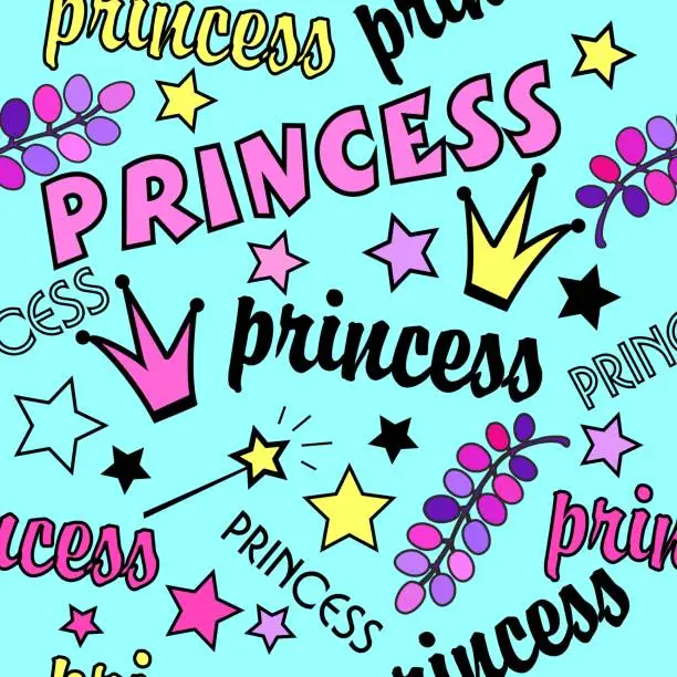 Vector illustration of princess seamless pattern. cool fashion blue pattern for girls with pink elements