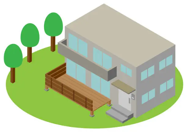 Vector illustration of A house with a blindfolded fence on an isometric wooden deck