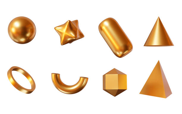 istock 3d set gold shapes: cylinder, sphere, pyramid, torus, ring, cone. Metal simple figures for your design on white isolated background. 3d rendering illustration. 1411373013