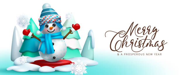 istock Christmas snowman greeting vector design. Merry christmas typography text with cute and happy snow man character and fir tree outdoor elements for winter holiday season. 1411373261