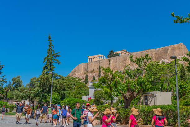 Street view in Plaka district of Athens stock photo