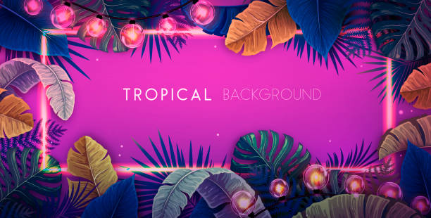 istock Summer background with electric modern lamps and tropic leaves. Nature concept. Vector illustration 1411375074