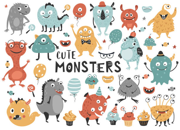 Cute monster set. Cute monster set, cartoon character for kids. Perfect for nursery greeting card, stickers, invitation, t-shirt print, fashion design, kids wear. Hand drawn style, vector illustration. kid stickers stock illustrations