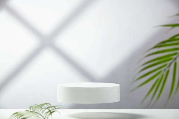 istock Flying empty white podium and palm leaves on white background. Mock up stand for product presentation. 3D Render. Minimal concept. 1411375305