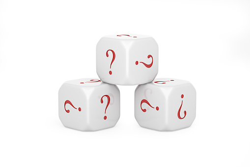 3 white dices with red color symbol is question mark or ? on white back ground. Gambling ignorance and confusion risky investment business success idea. Isolated with clipping path. 3D Illustration.