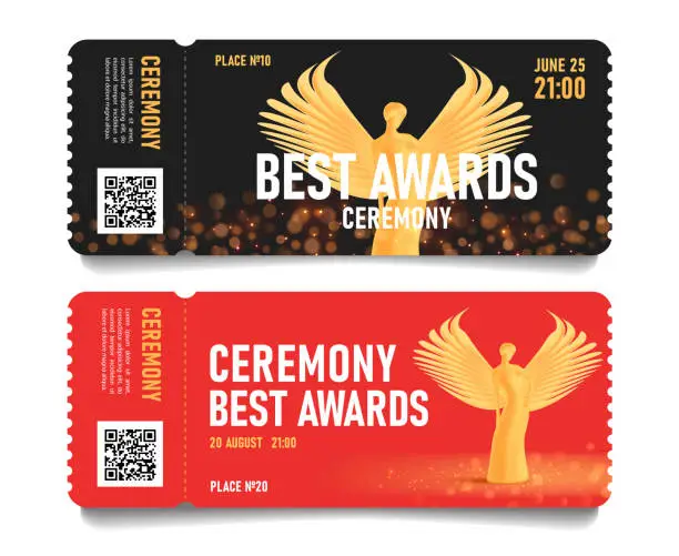 Vector illustration of Ceremony event admission tickets with golden statuette of beautiful woman with wings, torn-off part with place and seat