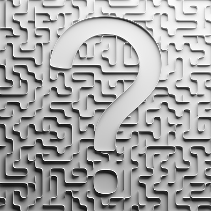 Maze white 3d confusing exit find adventure travel question mark symbol outline line connection partition room space. black and white labyrinth with puzzles hide the mystery. 3d illustration.