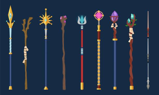 Cartoon magical staff. Wizards magic weapon, magical wand princess rod rpg game magician stick enchanted scepter miracle crystals for sorcerer battle, neoteric vector illustration Cartoon magical staff. Wizards magic weapon, magical wand princess rod rpg game magician stick enchanted scepter miracle crystals for sorcerer battle, neoteric vector illustration of wizard staff merlin the wizard stock illustrations